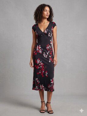 Vintage Arden B Y2K Coquette Empire Waist Midi Dress Black Red Floral XS